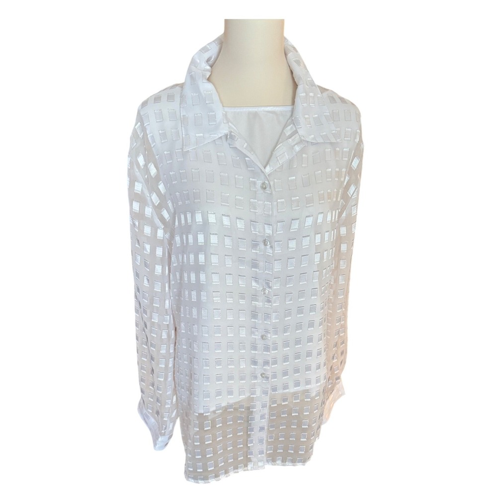 Voir Collection Womens White Sheer Geometric Grid Button Down Shirt Camisole 3X